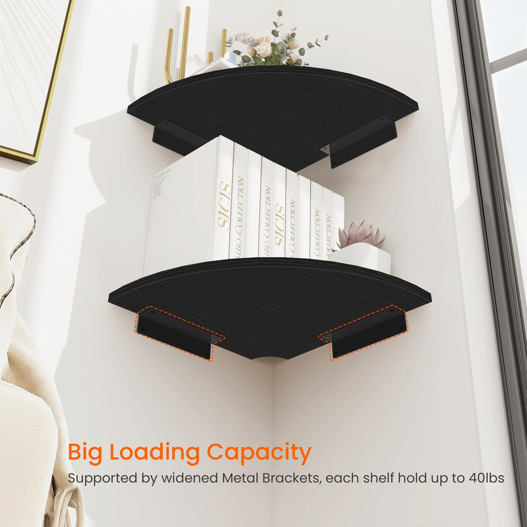 Corner Floating Shelves, 12" Deep Corner Shelves Wall Mounted with Cord Hole, 2 Tier Curved Corner Hanging Shelving