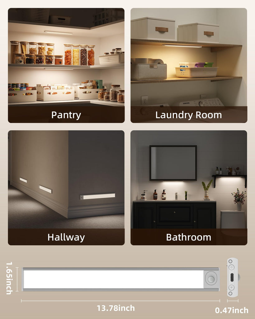 Cabinet Lighting Wireless, Rechargeable Battery Motion Sensor Light Indoor, LED Closet Lights USB