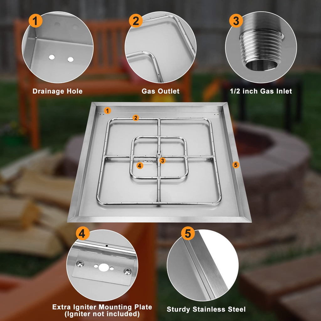 30" Square Fire Pit Flat Pan with Burner Ring, 296, 000 BTU
