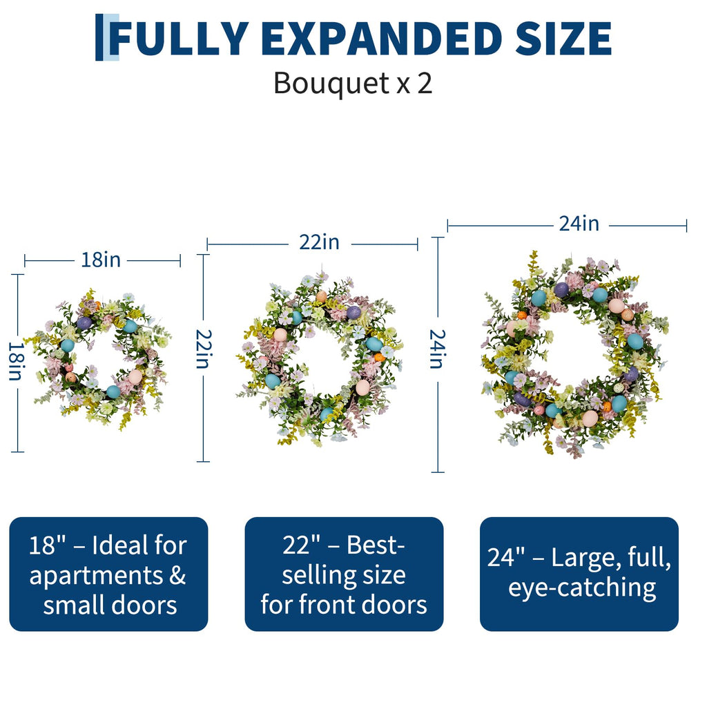 Easter Wreath for Front Door - 18in Spring Flower Wreath with Easter Eggs & Lush Greenery, Artificial Floral Door