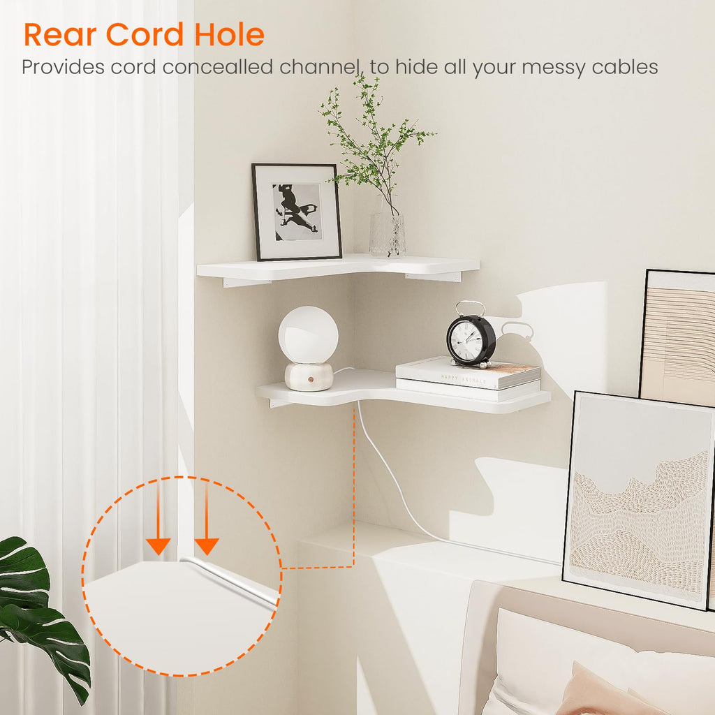 Corner Floating Shelves, Set of 3 Corner Wall Shelves with Wire Hole, L-Shaped Wood Hanging Storage Shelf for Wall