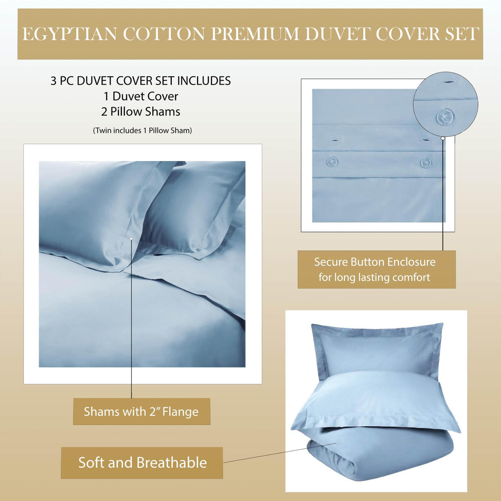 100% Egyptian Cotton 530 Thread Count Solid Duvet Cover Set, 1 Duvet Cover with Button Closure, 2 Pillow Shams