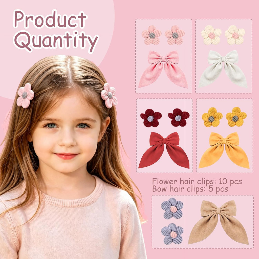 15PCS Hair Bows for Girls, Bright Colors Flower with Alligator Hair Clips, Girl Hair Accessories Set for Kids Toddler