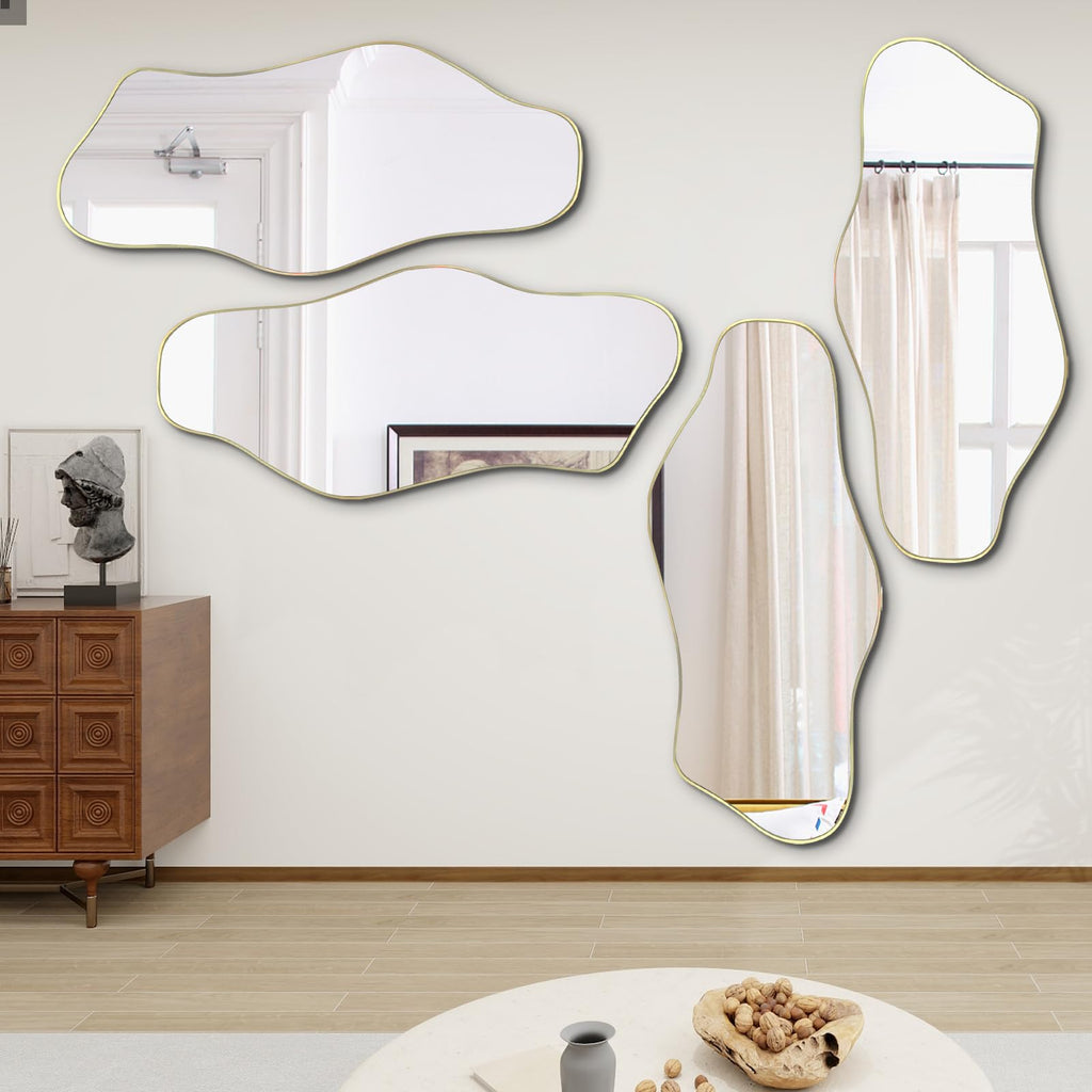 Irregular Wall Mirror, 47.2"x21.6" Gold Asymmetrical Frameless Mirror, Modern Organic Shaped Mirrors Bedroom Hallway