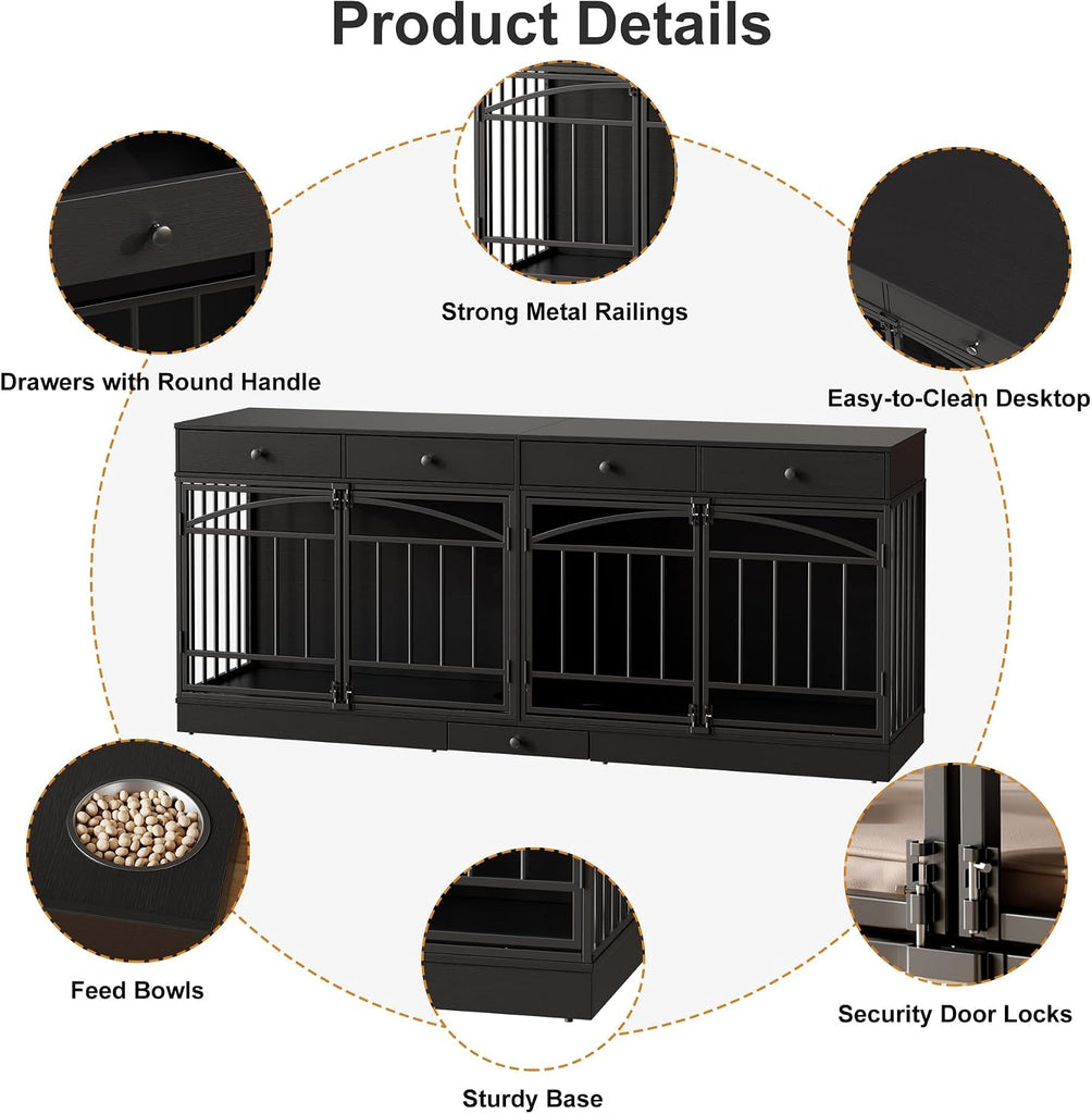 Dog Crate Furniture for 2 Dogs with 4 Drawers, Black