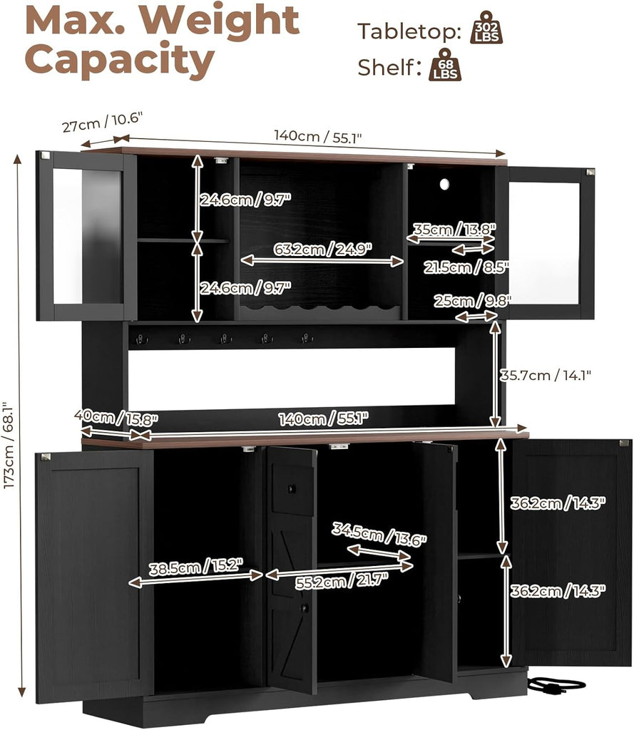 68" Tall Kitchen Pantry Storage Cabinet with Charging Station, 55" Wide Kitchen Hutch Cabinet with Large Countertop