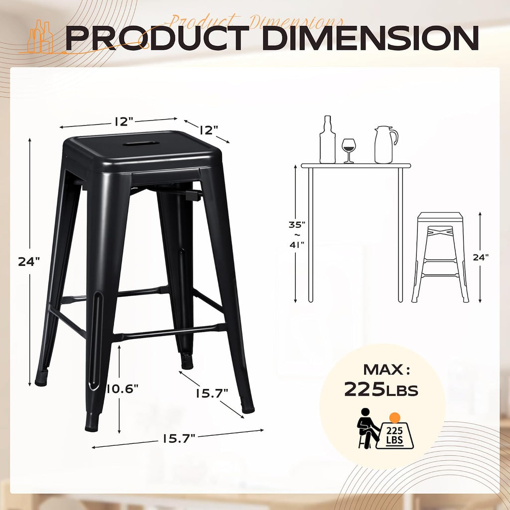 24 Inch Metal Bar Stools Set of 4, Counter Height Bar Stools Height High Backless Stools Industrial Stackable Bar