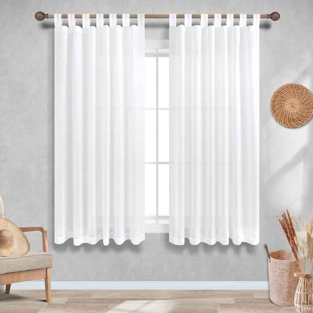 White Curtains 54 Inch Length Farmhouse 2 Panels Tab Top Casual Woven Linen Semi Sheer Short Cafe Tier Curtains Small
