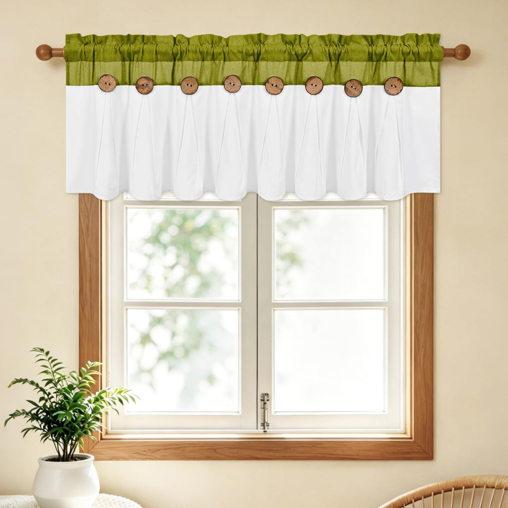 Farmhouse Valance Curtains 52x18, Cotton Linen, Fresh Green & White