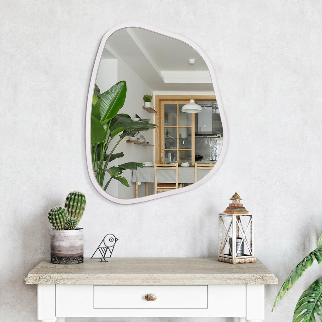 Irregular Oval Wall Mirror Large White 20"x16" Inches Asymmetrical Mirror Modern Wood Frame Unique Shape Wall Mounted