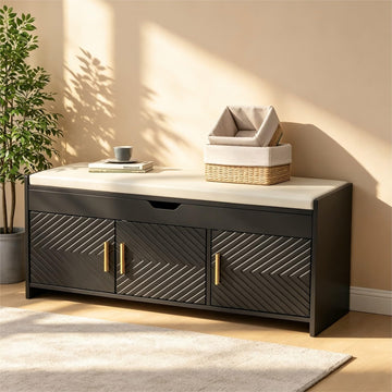Shoe Bench with Lift Top Storage 44" Shoe Cabinet with Seat Cushion, Black