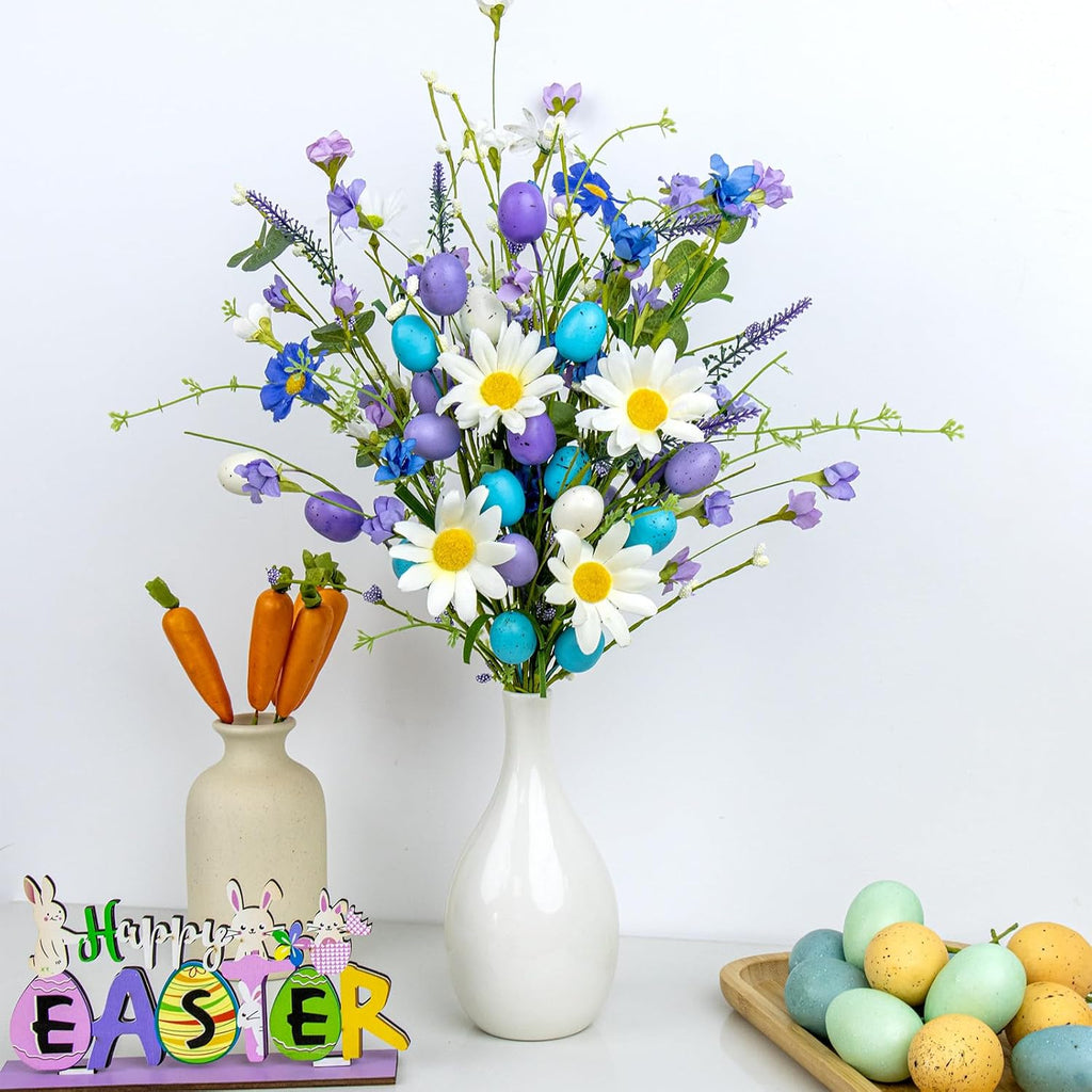 Easter Table Decorations Rustic Spring Table Centerpiece 17 Inches Blue Easter Flowers with Egg Picks for Vase - Set of 10