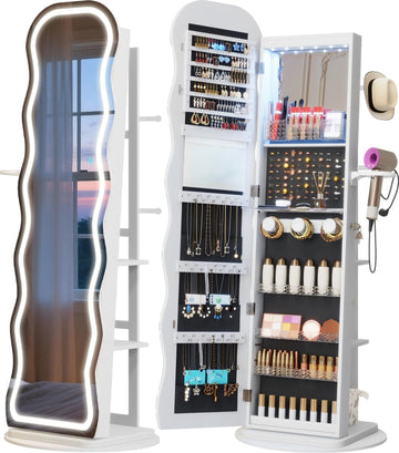 LED Mirror Jewelry Cabinet Standing, 360° Swivel, White