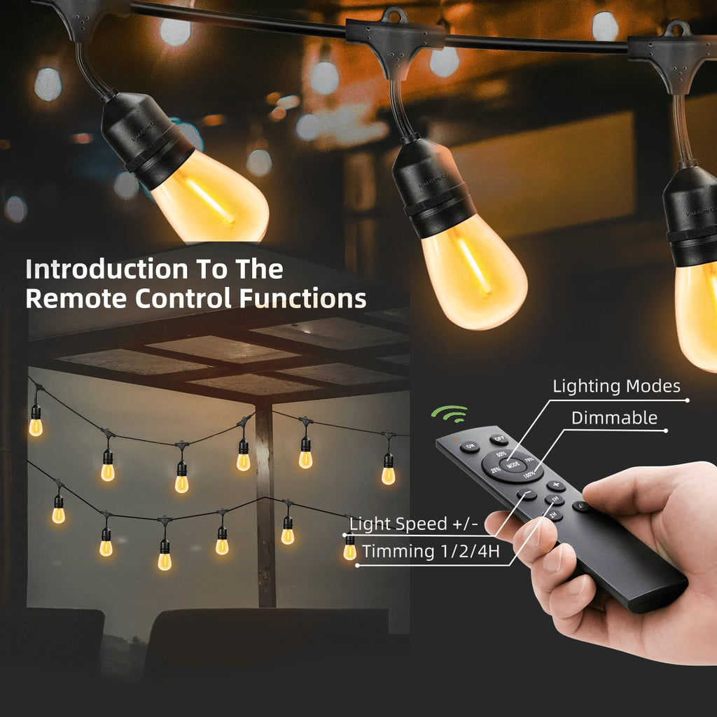 Outdoor String Lights Remote Control Patio Lights Waterproof Commercial Grade, 30+2 Replaceable Dimmable Edison