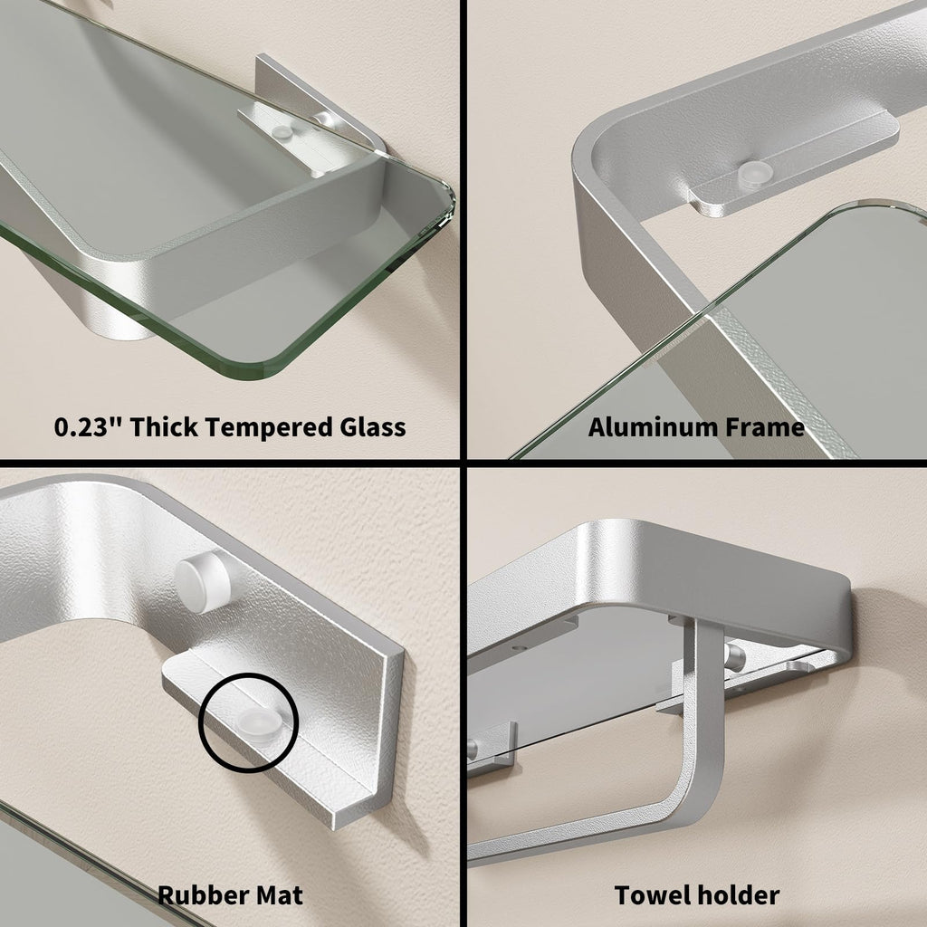 16 Inch Long Floating Bathroom Shelf with Towel Bar, Clear Tempered Glass Wall Shelf with Hand Towel Holder Storage