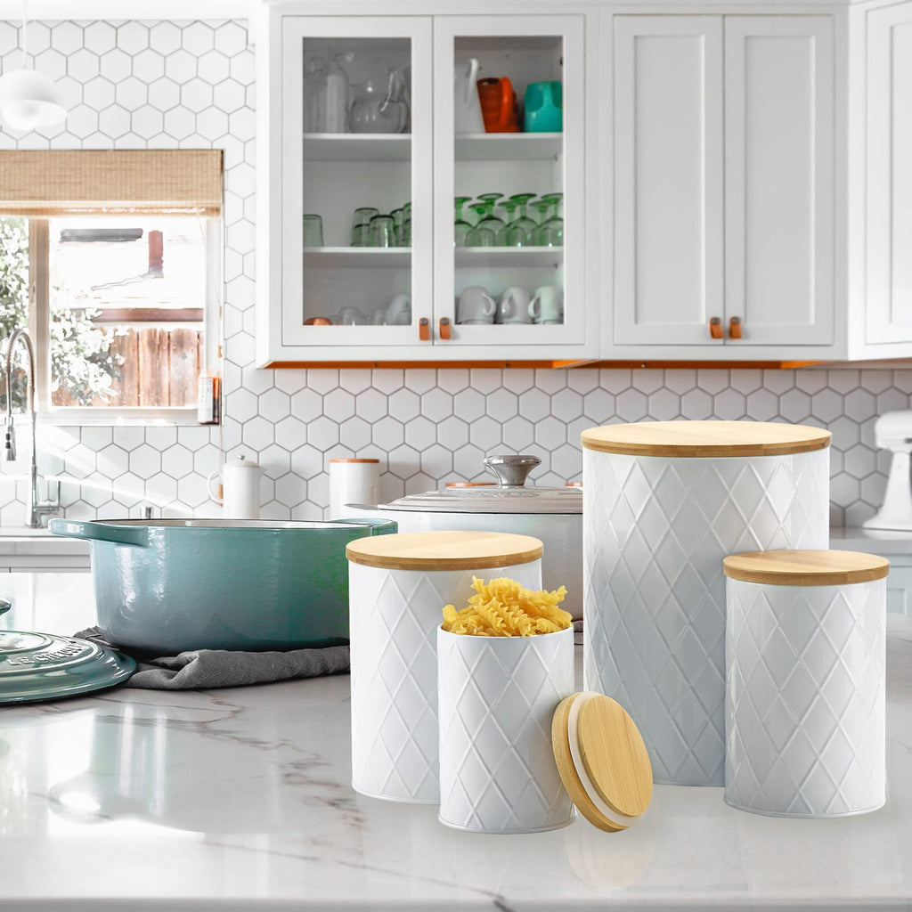 White Kitchen Canisters Set with Bamboo Lids, Airtight Sugar, Flour, Coffee, Cookie Storage Canister Sets Countertop