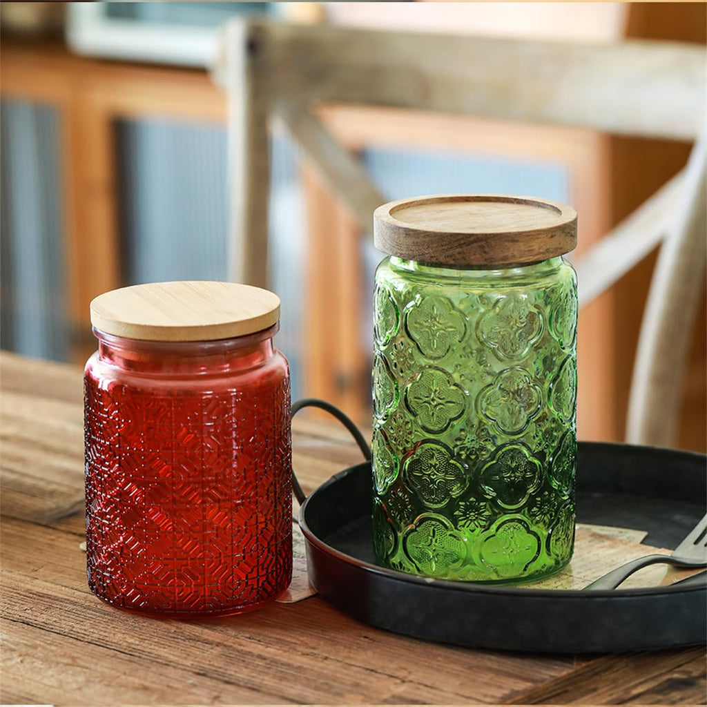 2-Pack 34 oz Green Glass Storage Jars, Begonia Pattern, Airtight Wood Lids