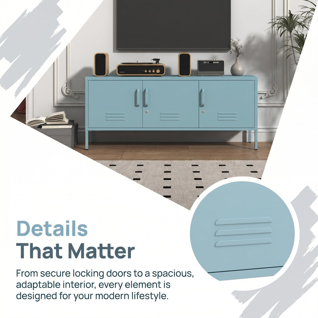 Blue 3-Door Lockable Metal TV Stand Storage Cabinet with Storage Locker, Wide Heavy-Duty Multipurpose Media Console