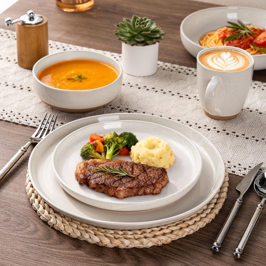 Ceramic Dinnerware Sets, Handpainted Plates and Bowls Set with Rustic Terracotta Underside