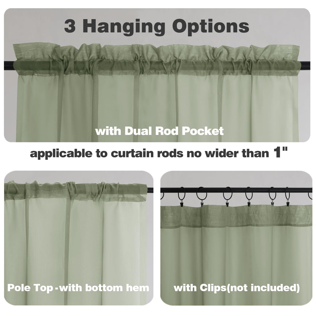 Extra Long Sage Green Sheer Curtains 144 inch 2 Panels, Translucent Backdrop Window Scarf Drapes for Canopy