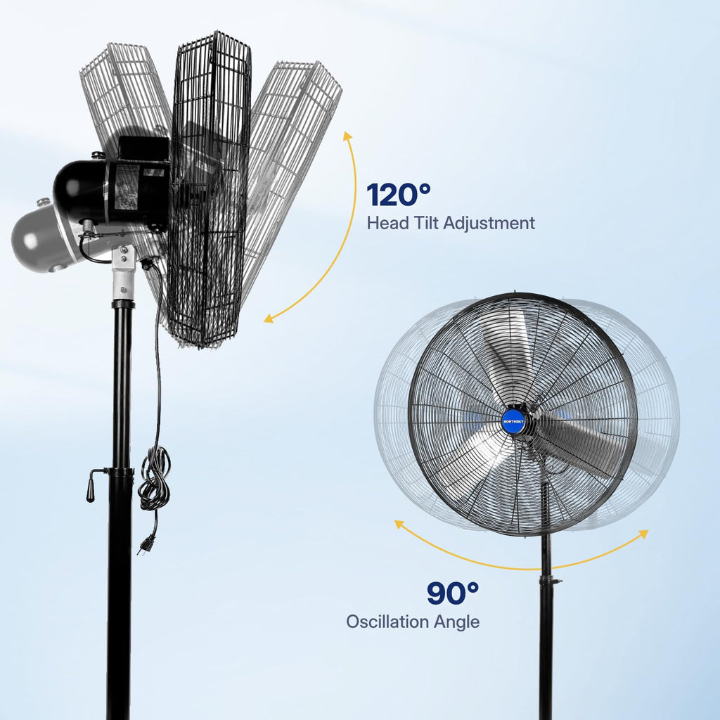 24 Inch High Velocity Oscillating Pedestal Fan,9500 CFM Airflow Heavy Duty Industrial Standing Fan, 2 Speeds, 1/2 HP
