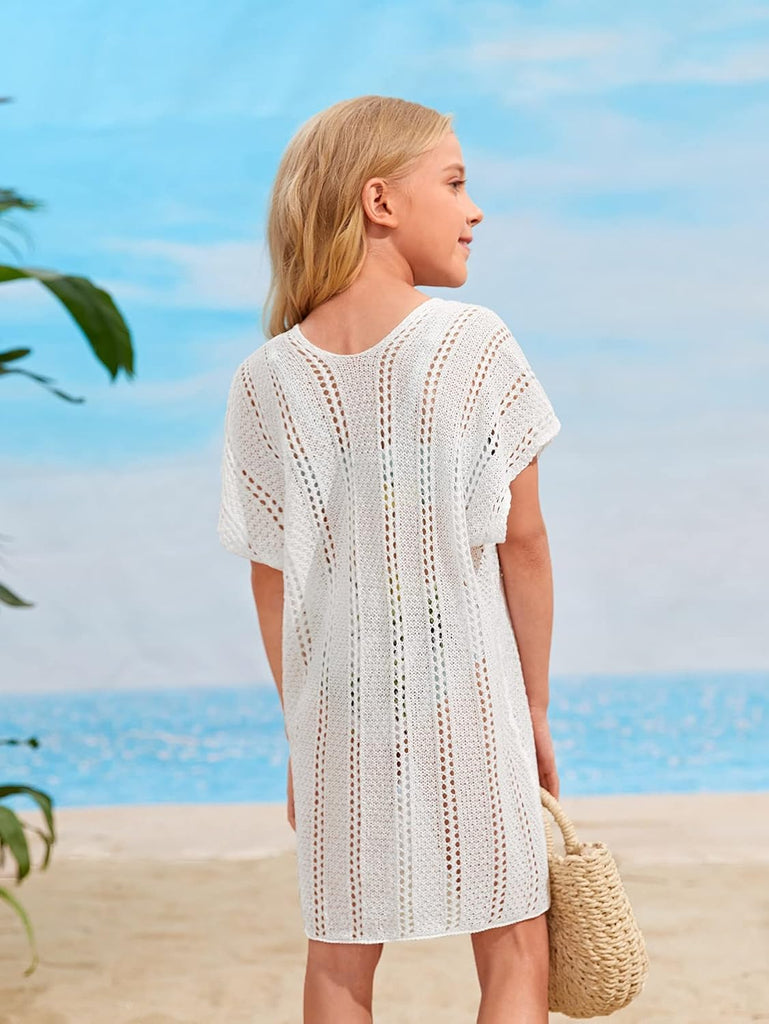 Girl's V Neck Crochet Short Sleeve Beach Dress Summer Swimsuit Bikini Cover Up
