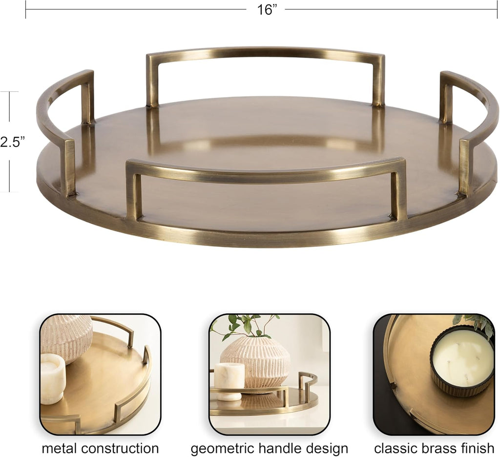 Gohana Round Tray with Metal Handles; 16 Inch Diameter; Antique Brass; Modern Glam Serving Tray with Handles for Use
