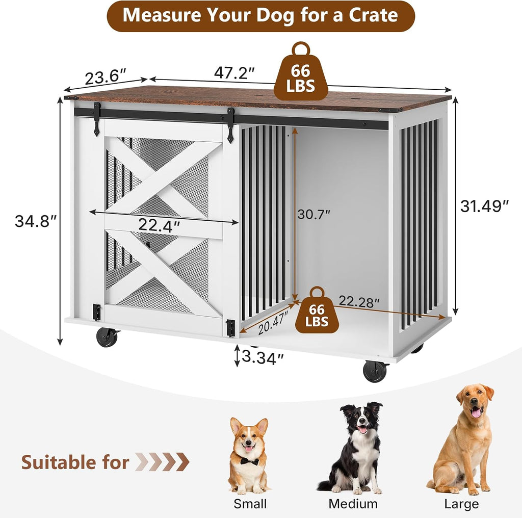 48 Inch XL Dog Crate, Wood XXL Dog Crate Furniture with Wheels, Flip-Top Feeding Door, Removable Divider, Farmhouse