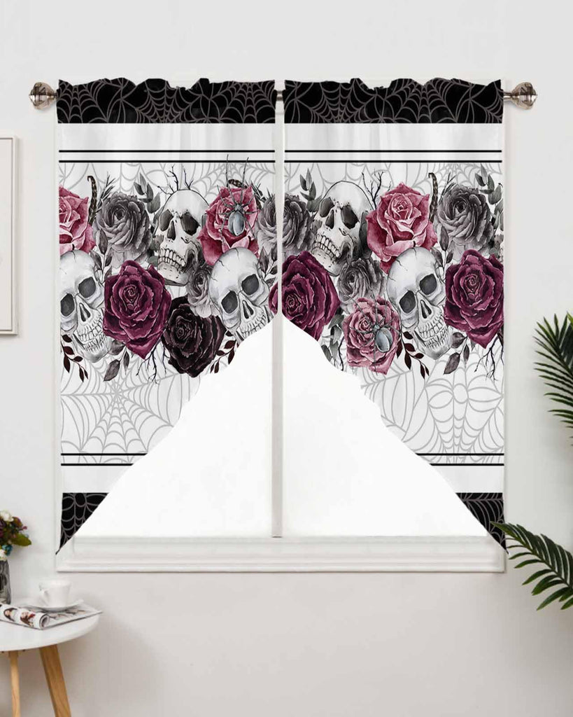 Halloween Swag Valances for Windows - Skull Valance, Black Kitchen Curtain Sets, Rod Pocket Window Curtains Over