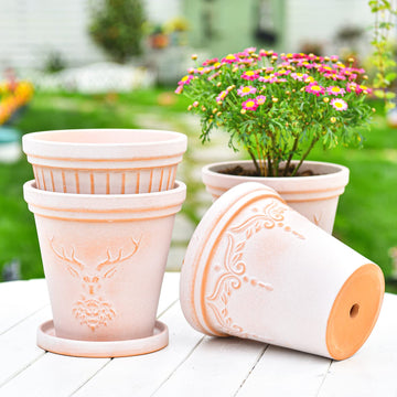 Set of 3, 8 Inch Deer Embossed Terra Cotta Plant Pots