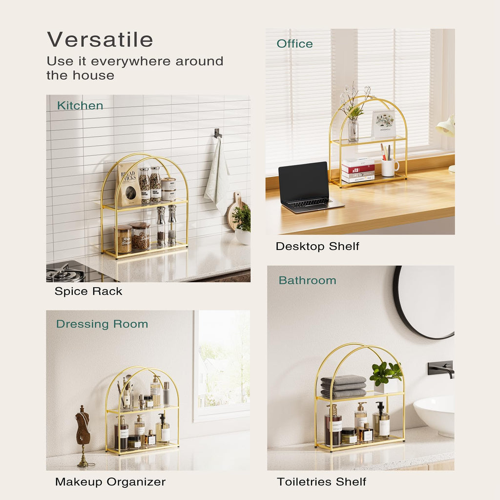 2-Tier Arched Wall Shelf with Gold Frame & Transparent Shelves
