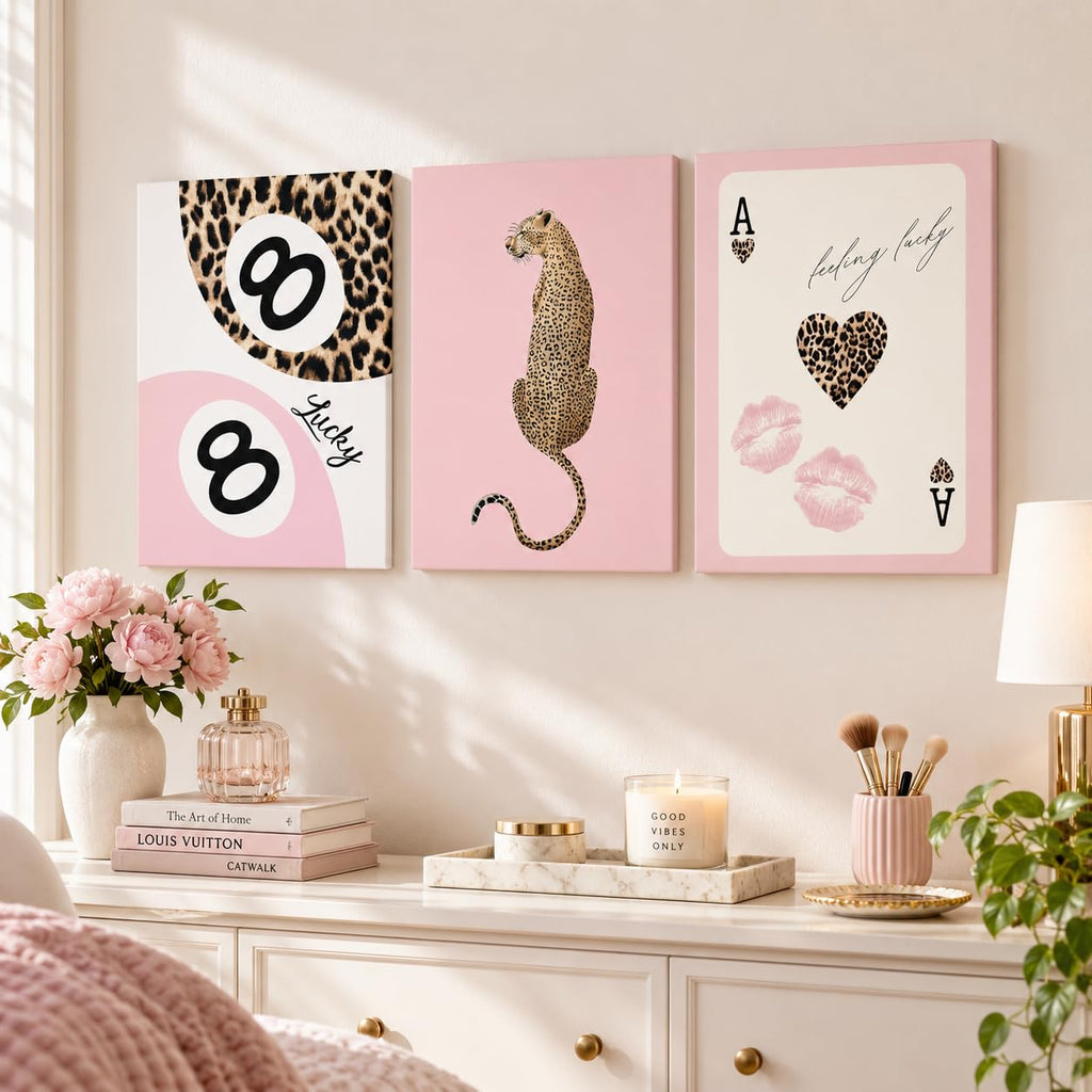 Cheetah Trendy Canvas Print Wall Art, Preppy Leopard 8 Ball Poster Pictures, Pink Y2k Coquette Luxury Print Lucky