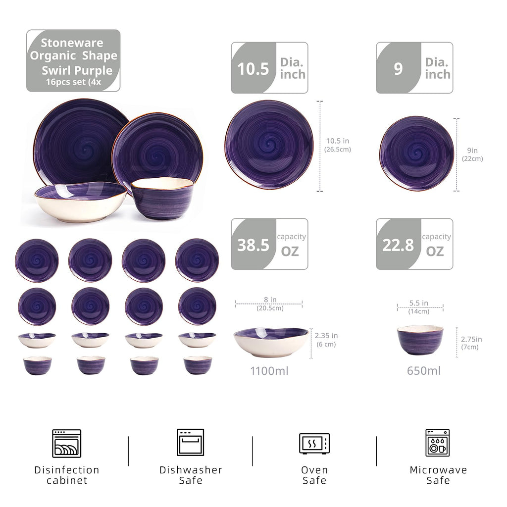 Highland 16-Piece Dinnerware Set Service for 4, Organic Shape Stoneware Plates and Bowls Set, Scratch Resistant