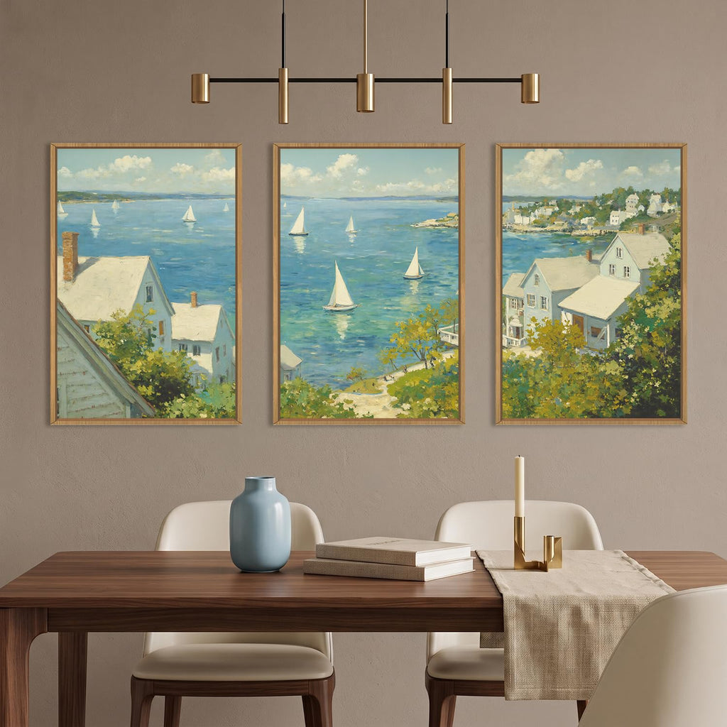 Large Coastal Sailboat Framed Canvas Wall Art Set, Summer Seascape Wall Decor, Nautical Blue Ocean Art Prints, Nature