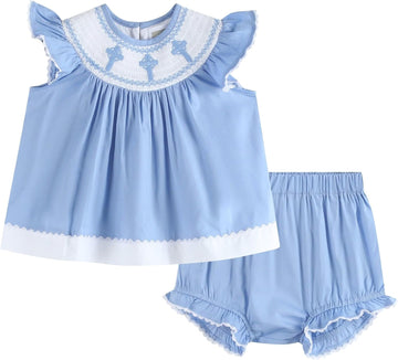 Girls Baby and Toddler Bunny Smocked Top and Bloomer 2pc Set - Spring Summer Cotton Outfit