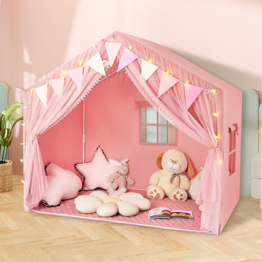 Kids Play Tent, Large Size Playhouse with Washable Cotton Mat Star Light Windows Plaid Pennants, 57.5" x 38" x 52.5"