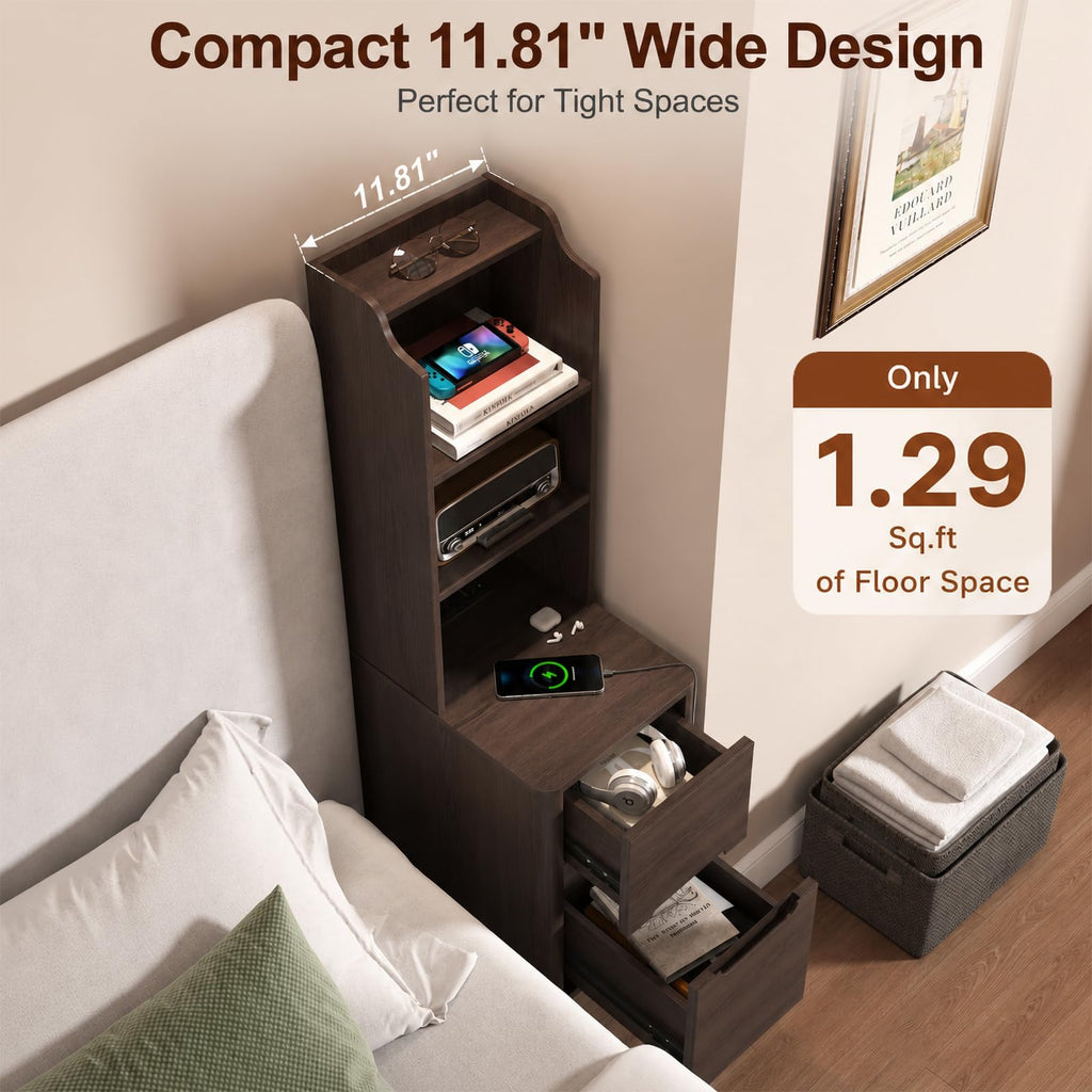 Tall Narrow Nightstand with Bookshelf, 47" Side Table with Charging Station