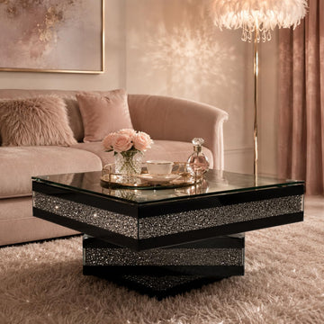 Mirrored Coffee Table with Crushed Diamonds, 31" Square Glass Center Table