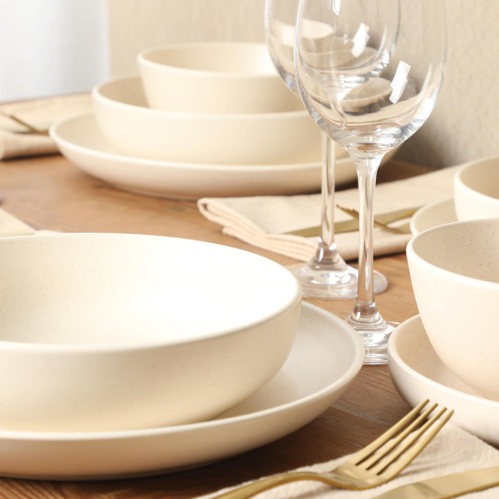 Leeds Court Plates and Bowls Sets, 16-Piece Stoneware Dinnerware Sets, Cream White, Round Speckle Reactive