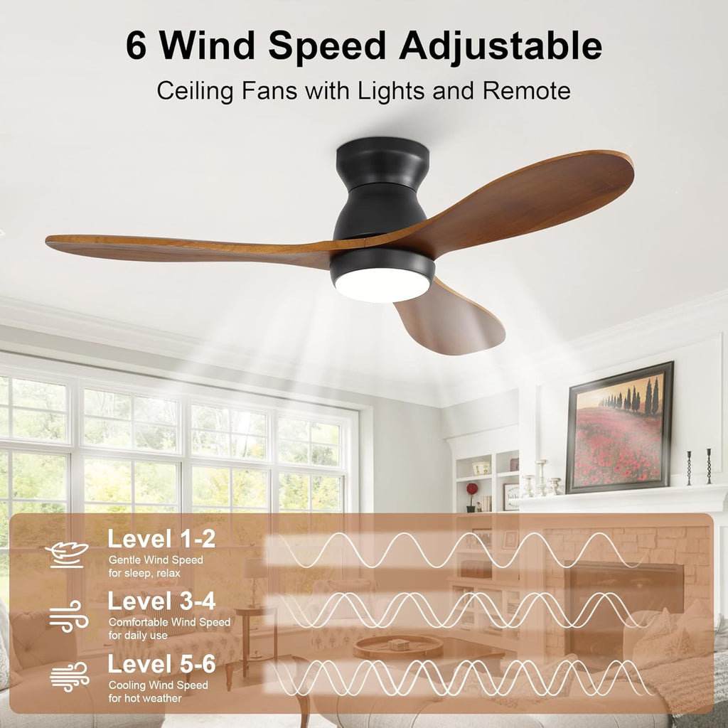 42 Inch Ceiling Fan with Light and Remote & APP Control, 3 Wooden Blades, 6 Wind Speeds, Quiet DC Motor