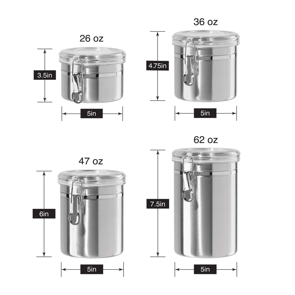 Set of 4 Stainless Steel Kitchen Canisters - Airtight Clamp Lid, Clear See-Thru Top - Ideal Storage, Food Storage
