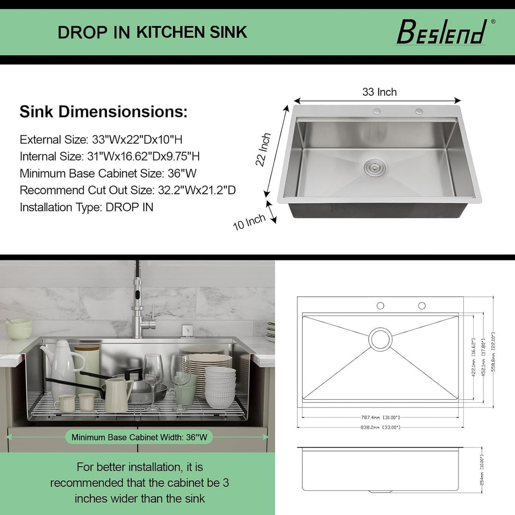 33 Drop In Workstation Kitchen Sink | 33x22 Single Bowl Workstation Sinks Stainless Steel Topmount Sink 16 Gauge