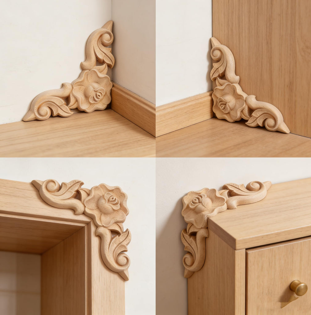 8PCS Unfinished Wood Rosettes Appliques Onlay Furniture Onlay Corner Decoration (Dia-6cm/2.36"), Unpainted Corner