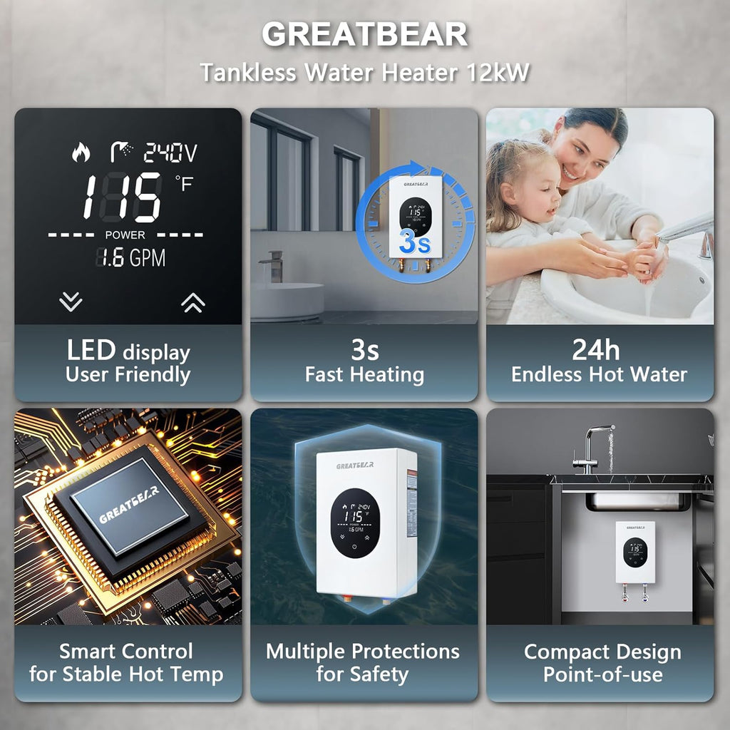Electric Tankless Water Heater, GREATBEAR 12KW On Demand Water Heater Electric 240V