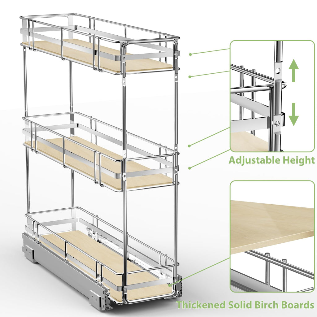 Pull Out Cabinet Organizer Spice Rack for Narrow Cabinet 5" W x 201⁄2" D, Slide Out Wood Shelves Storage