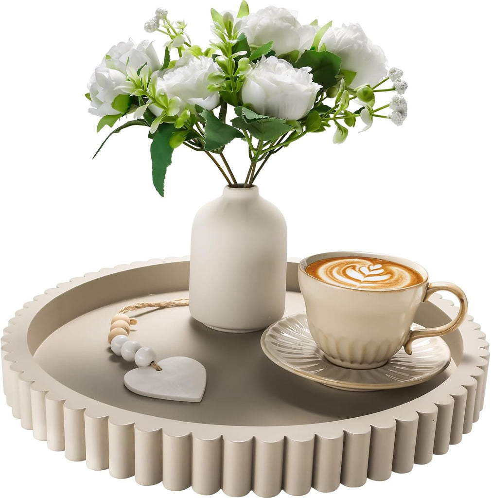 12in Decorative Tray for Coffee Table Tray Decor, Gray Wooden Decorative Round Tray for for Coffee Table, Dining Room