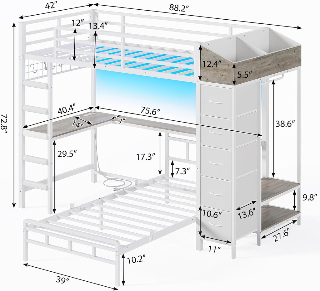 Bunk Bed Twin Over Twin with Hall Tree, Charging Station and LED Lights, L-Shaped Bunk Bed with Desk