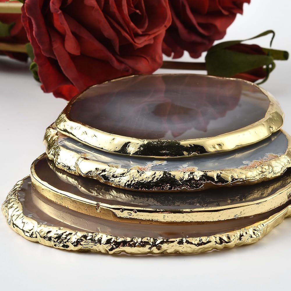 Natural Agate Coasters Bar Beer Coffee Tea Coaster,White Agate Slices Cup Mat with Gold Plated Edge Decor () - Set of 4
