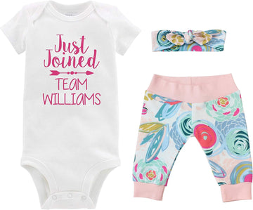 Just Joined Team Baby Girl Going Home Outfit - Blue Pink Floral - Bodysuit, Yoga Pant, and Headband