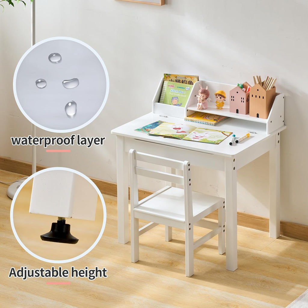 Bamboo Toddler Desk and Chair Set with Lift-Top Storage, Kids Study Table with Hutch and Bookshelf, Writing Reading